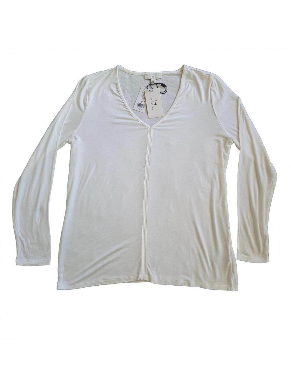 Halston Women's Long Sleeve V-Neck Top in Chalk, Size S/P